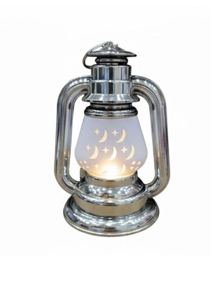 بريميم فانوس زخرفي بإضاءة صمام ثنائي باعث للضوء باللون الفضي مع نقشة هلال، مثالي لتزيين المنزل في شهر رمضان - Image 1